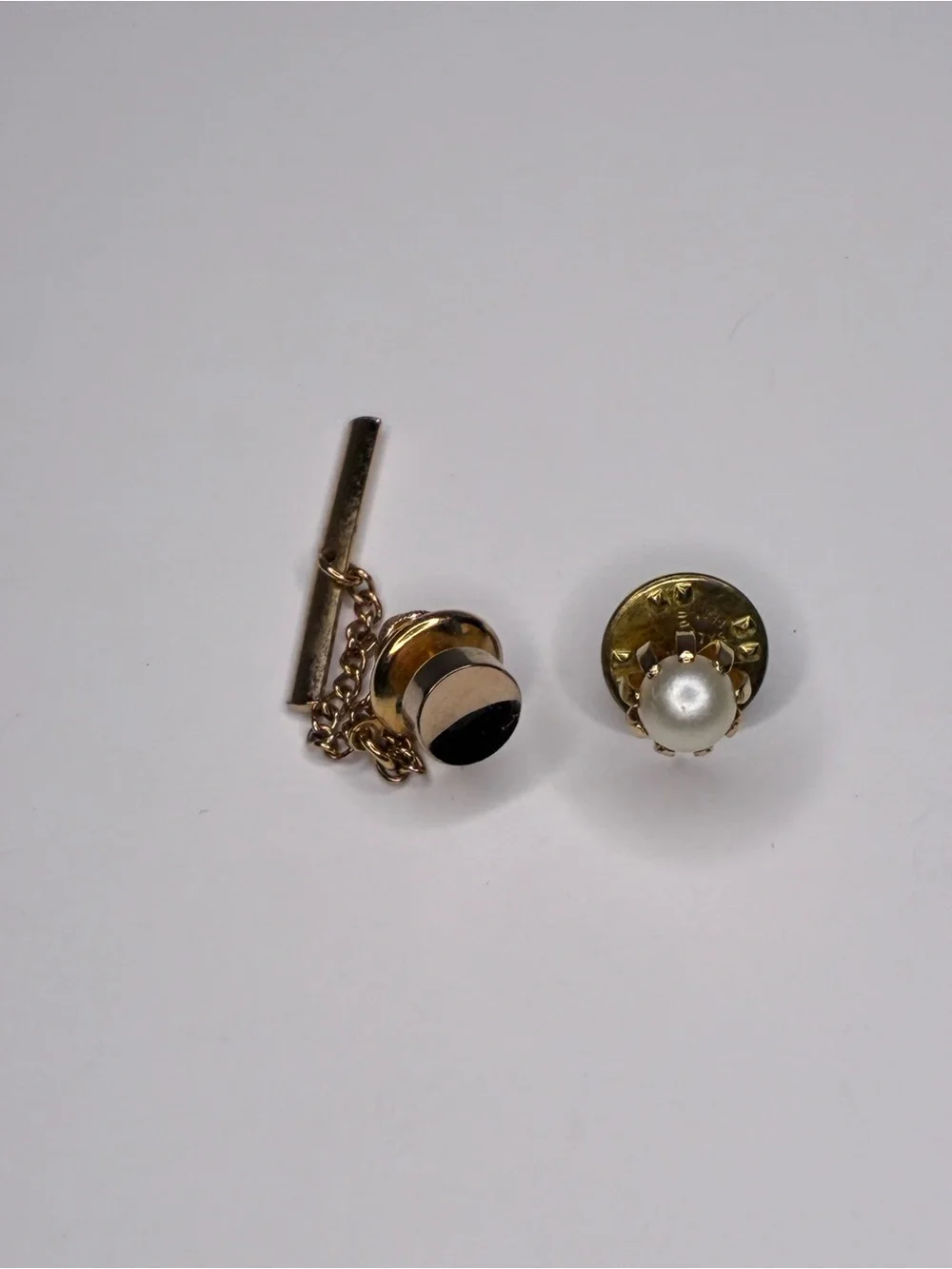 Vintage Gold Toned Round Chain Tie Tack And Gold Colored Pearl Tie Tack Bundle